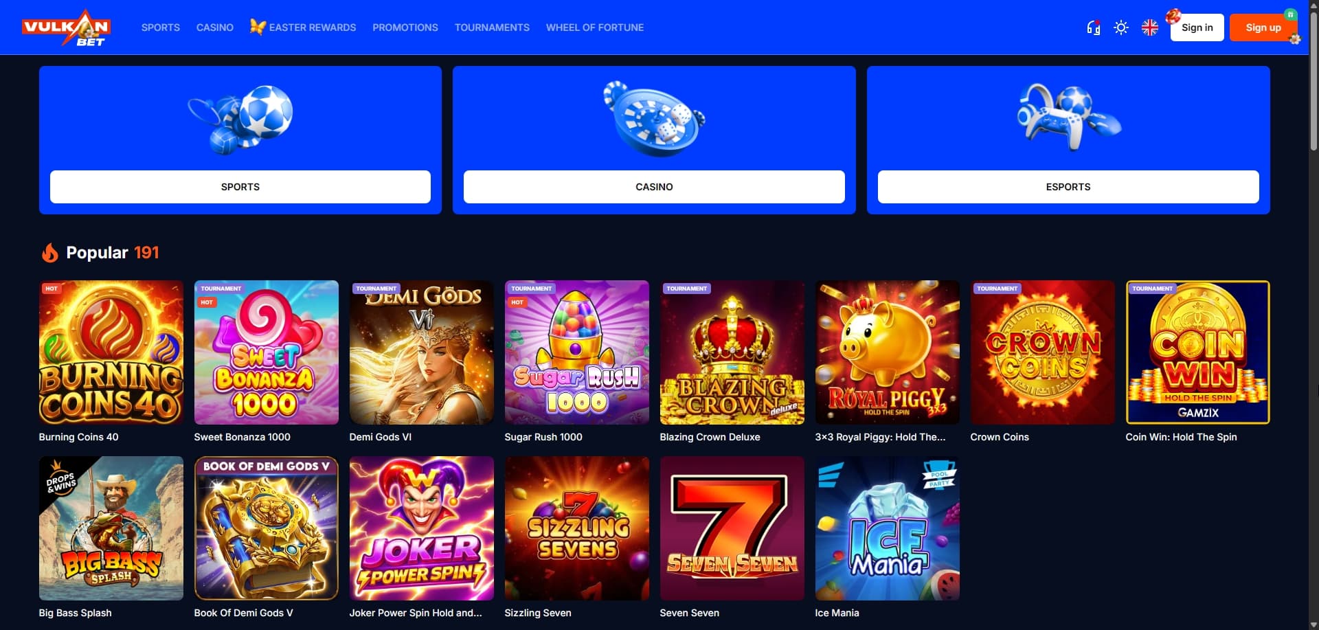 Vulkan.bet 홈페이지